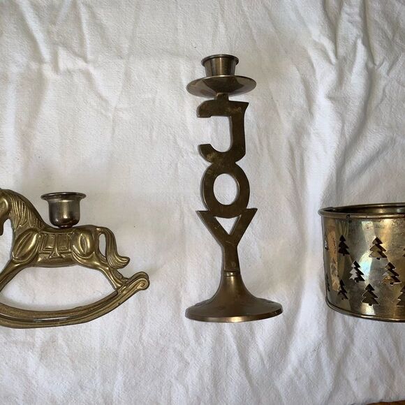 Triptych Brass Candle Holder Set - Joy Design, Rocking Horse, Voltive Pine Trees - Picture 7 of 13